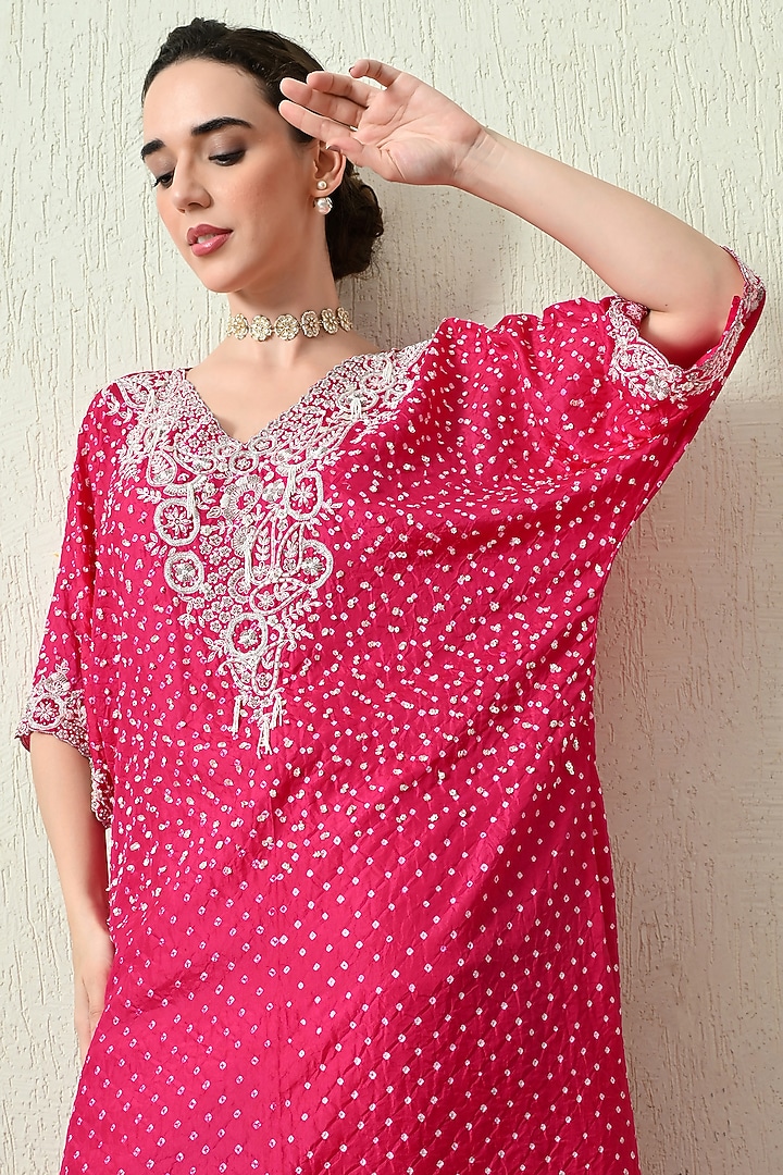 Pink Pure Gajji Silk Bandhani Hand Embroidered Kaftan Set by OHH CROW INDIA at Pernia's Pop Up Shop