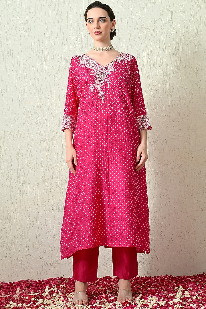 Pink Pure Gajji Silk Bandhani Hand Embroidered Kaftan Set by OHH CROW INDIA at Pernia's Pop Up Shop