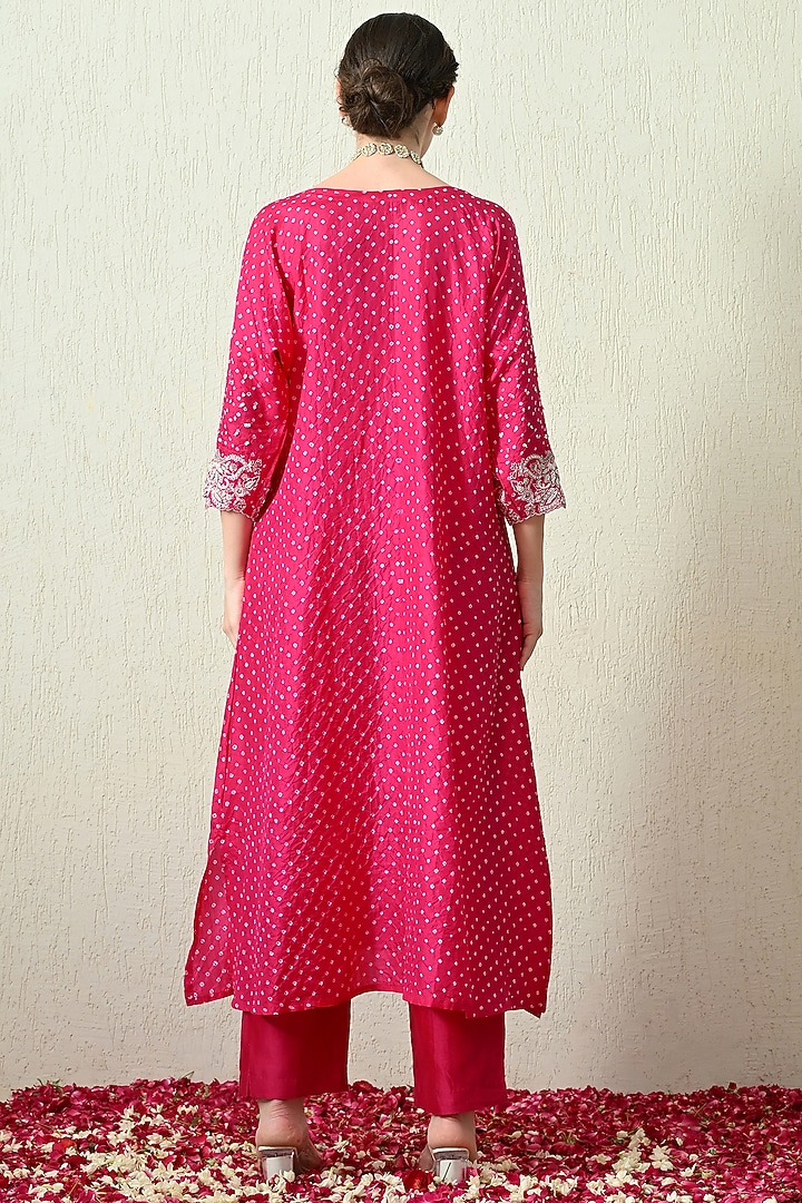 Pink Pure Gajji Silk Bandhani Hand Embroidered Kaftan Set by OHH CROW INDIA at Pernia's Pop Up Shop