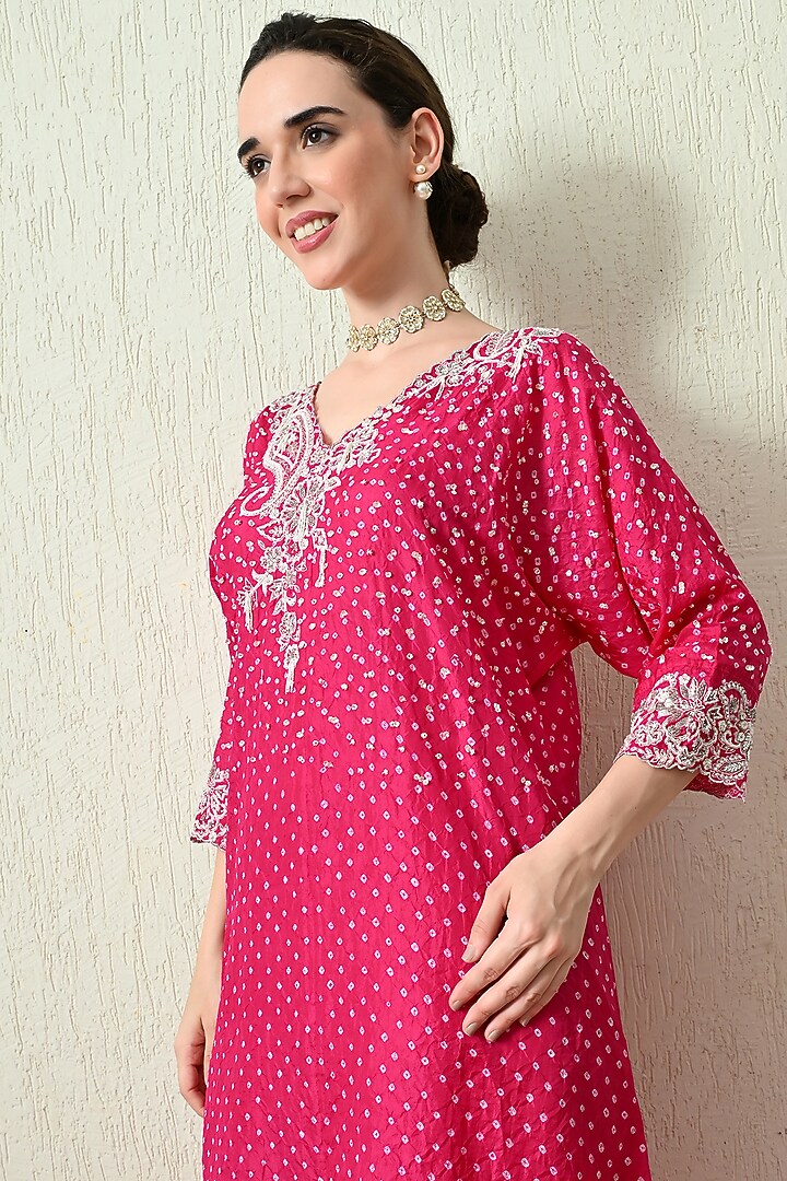 Pink Pure Gajji Silk Bandhani Hand Embroidered Kaftan Set by OHH CROW INDIA at Pernia's Pop Up Shop