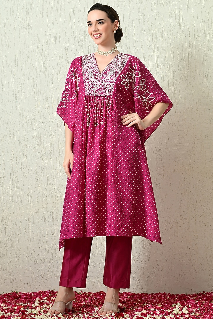 Magenta Pure Gajji Silk Bandhani Hand Embroidered Kaftan Set by OHH CROW INDIA at Pernia's Pop Up Shop