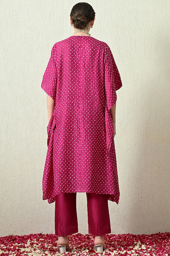 Magenta Pure Gajji Silk Bandhani Hand Embroidered Kaftan Set by OHH CROW INDIA at Pernia's Pop Up Shop