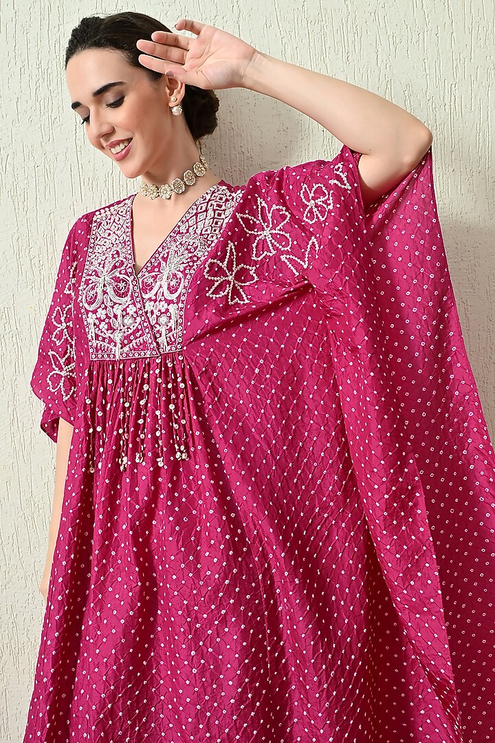 Magenta Pure Gajji Silk Bandhani Hand Embroidered Kaftan Set by OHH CROW INDIA at Pernia's Pop Up Shop
