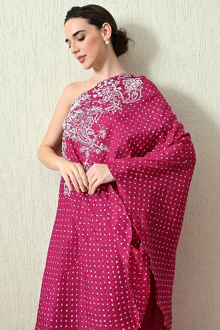 Magenta Pure Gajji Silk Bandhani Hand Embroidered Kaftan Set by OHH CROW INDIA at Pernia's Pop Up Shop