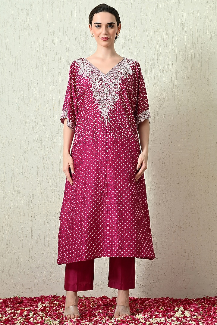 Magenta Pure Gajji Silk Bandhani Hand Embroidered Kaftan Set by OHH CROW INDIA at Pernia's Pop Up Shop