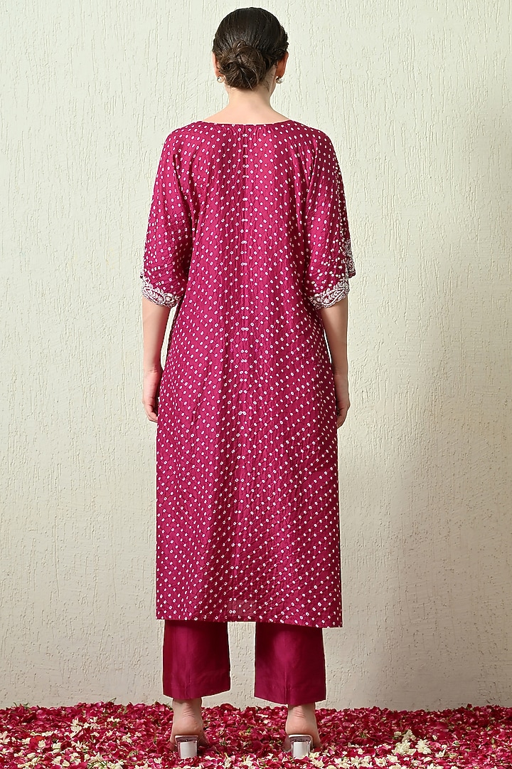 Magenta Pure Gajji Silk Bandhani Hand Embroidered Kaftan Set by OHH CROW INDIA at Pernia's Pop Up Shop