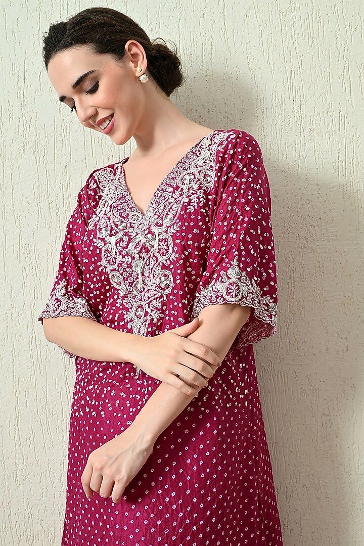 Magenta Pure Gajji Silk Bandhani Hand Embroidered Kaftan Set by OHH CROW INDIA at Pernia's Pop Up Shop