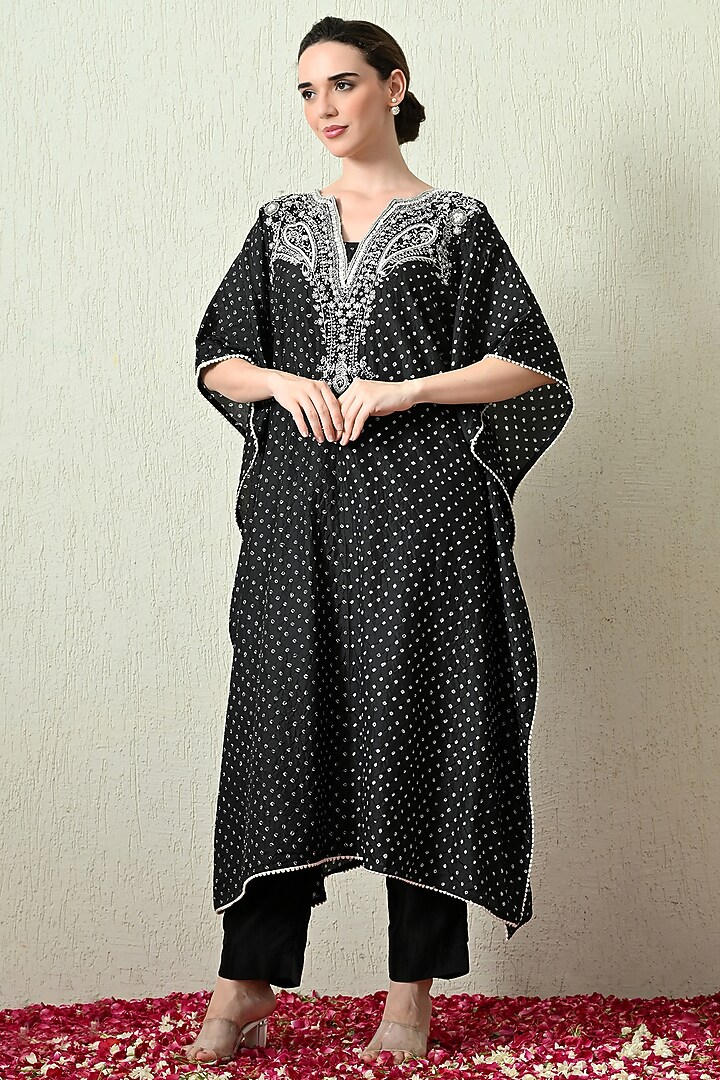 Black Pure Gajji Silk Bandhani Hand Embroidered Kaftan Set by OHH CROW INDIA at Pernia's Pop Up Shop
