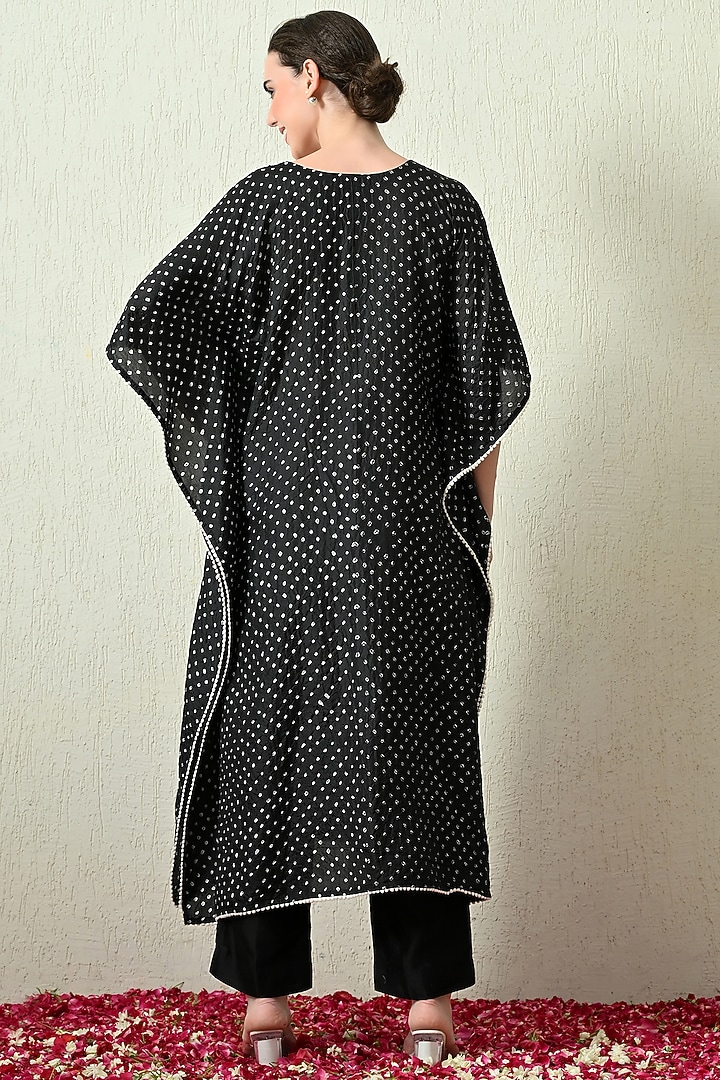 Black Pure Gajji Silk Bandhani Hand Embroidered Kaftan Set by OHH CROW INDIA at Pernia's Pop Up Shop