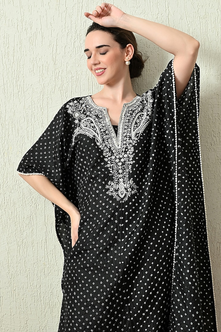 Black Pure Gajji Silk Bandhani Hand Embroidered Kaftan Set by OHH CROW INDIA at Pernia's Pop Up Shop