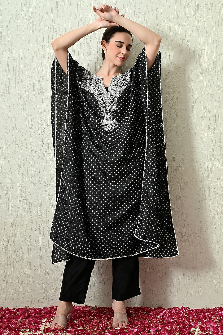Black Pure Gajji Silk Bandhani Hand Embroidered Kaftan Set by OHH CROW INDIA at Pernia's Pop Up Shop