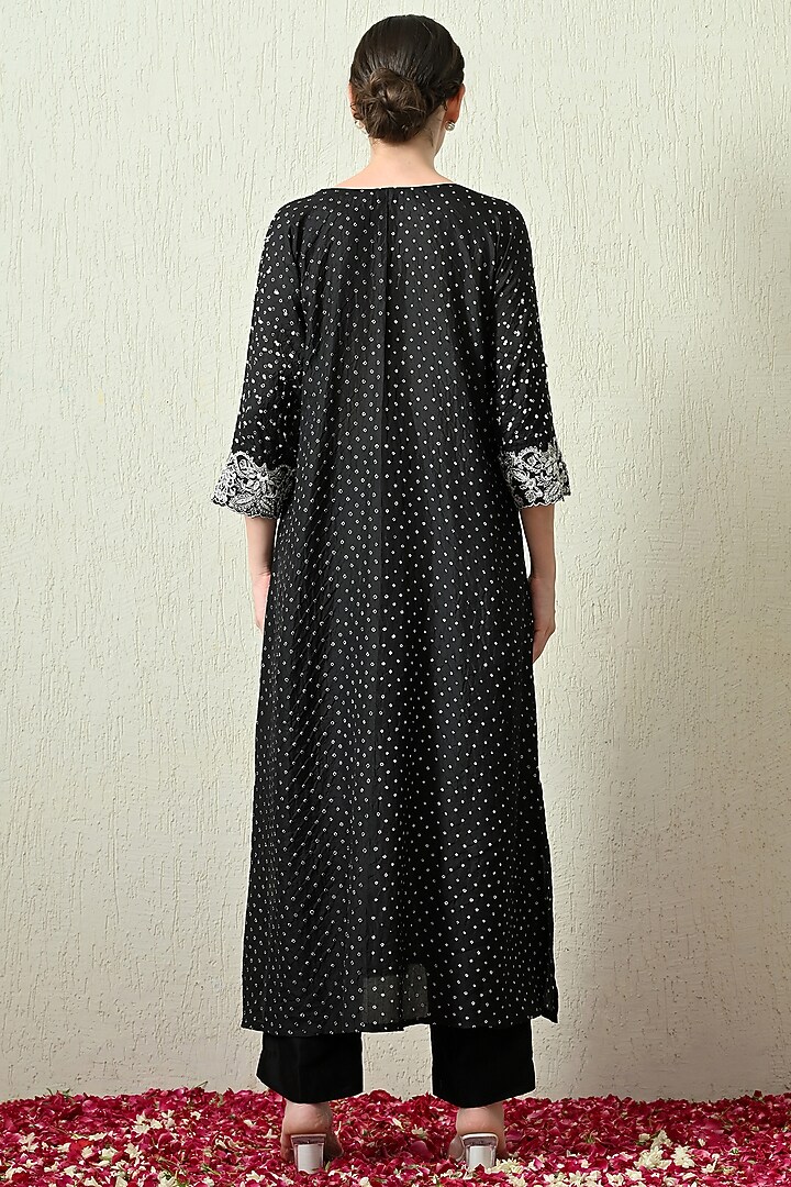 Black Pure Gajji Silk Bandhani Hand Embroidered Kaftan Set by OHH CROW INDIA at Pernia's Pop Up Shop