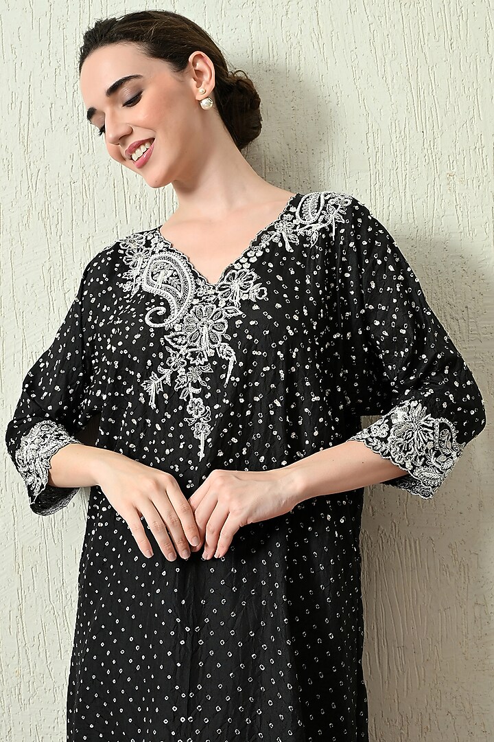 Black Pure Gajji Silk Bandhani Hand Embroidered Kaftan Set by OHH CROW INDIA at Pernia's Pop Up Shop