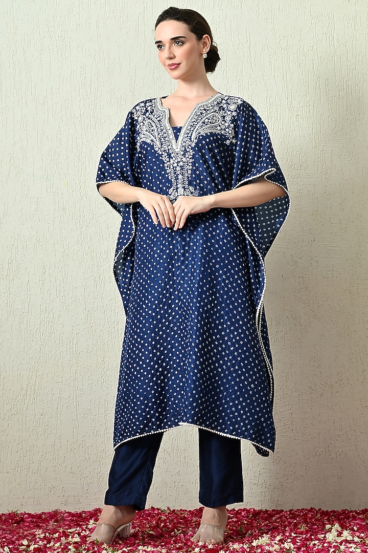 Blue Pure Gajji Silk Bandhani Hand Embroidered Kaftan Set by OHH CROW INDIA at Pernia's Pop Up Shop