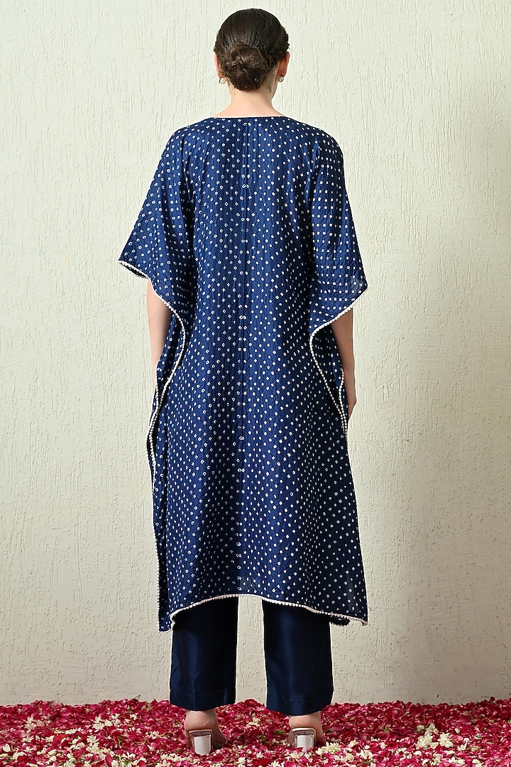 Blue Pure Gajji Silk Bandhani Hand Embroidered Kaftan Set by OHH CROW INDIA at Pernia's Pop Up Shop