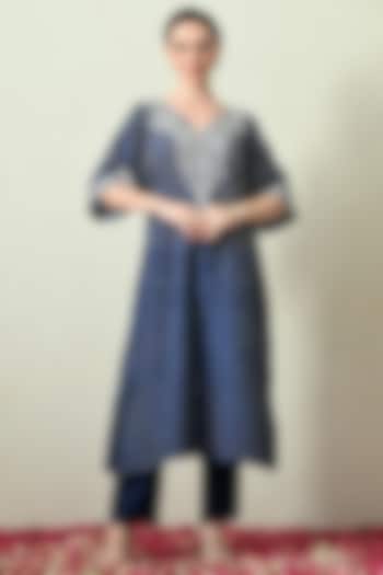 Blue Pure Gajji Silk Bandhani Hand Embroidered Kaftan Set by OHH CROW INDIA at Pernia's Pop Up Shop