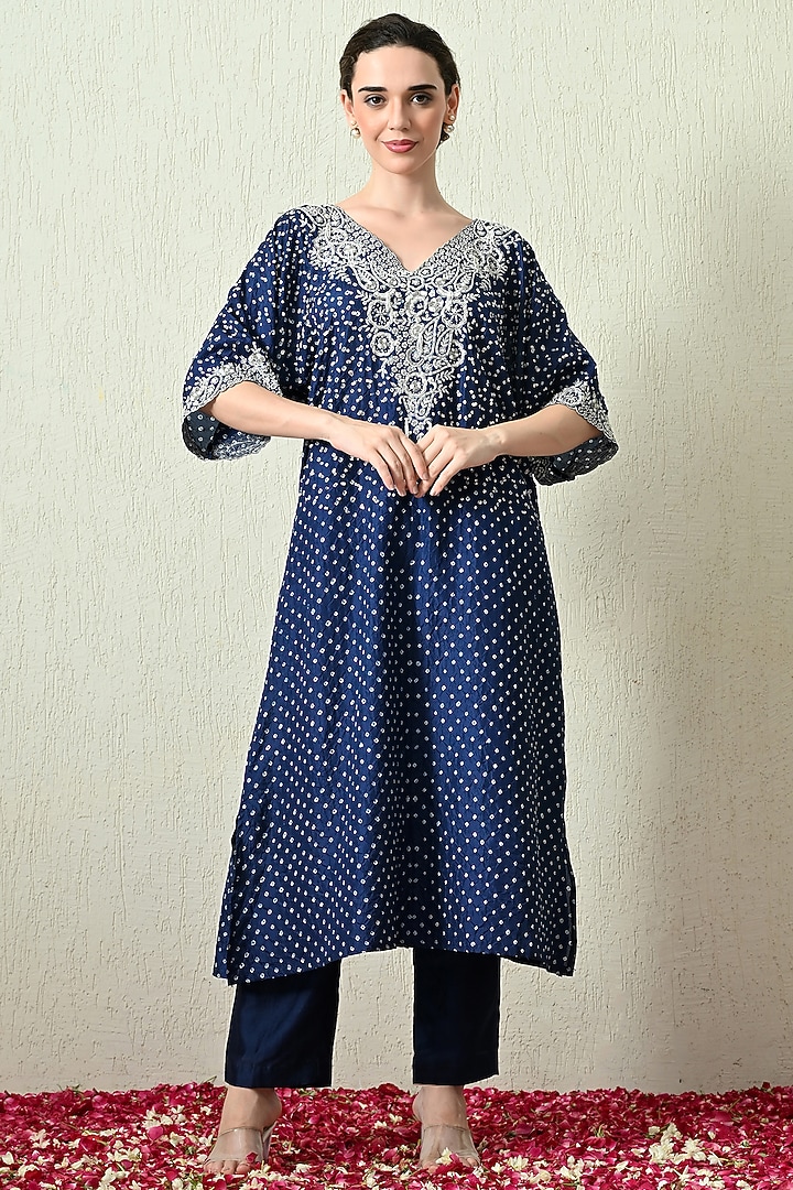 Blue Pure Gajji Silk Bandhani Hand Embroidered Kaftan Set by OHH CROW INDIA at Pernia's Pop Up Shop