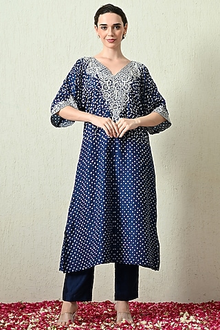 Blue Pure Gajji Silk Bandhani Hand Embroidered Kaftan Set by OHH CROW INDIA