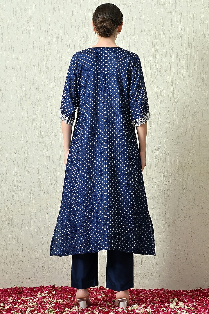 Blue Pure Gajji Silk Bandhani Hand Embroidered Kaftan Set by OHH CROW INDIA at Pernia's Pop Up Shop