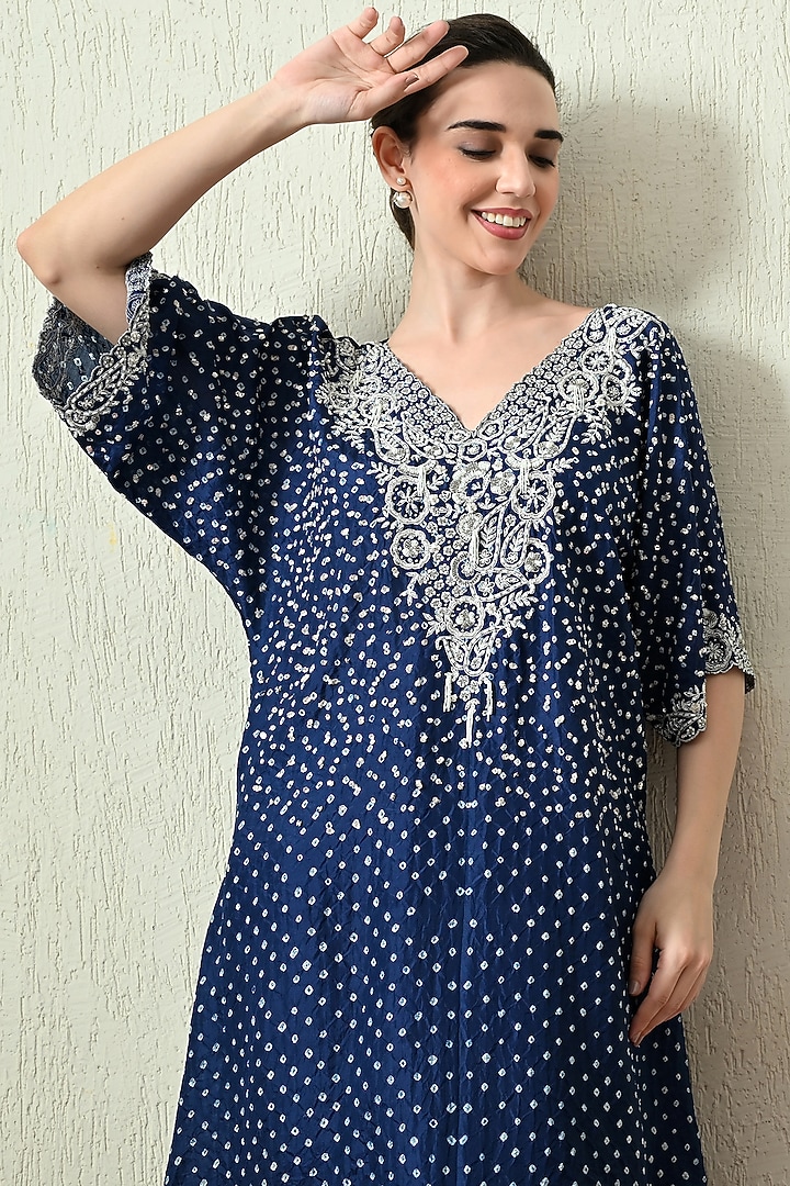 Blue Pure Gajji Silk Bandhani Hand Embroidered Kaftan Set by OHH CROW INDIA at Pernia's Pop Up Shop
