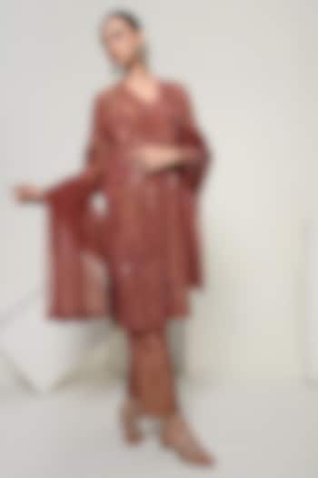 Almond-Colored Silk Tissue Mirror Handwork Kurta Set by OHH CROW INDIA at Pernia's Pop Up Shop