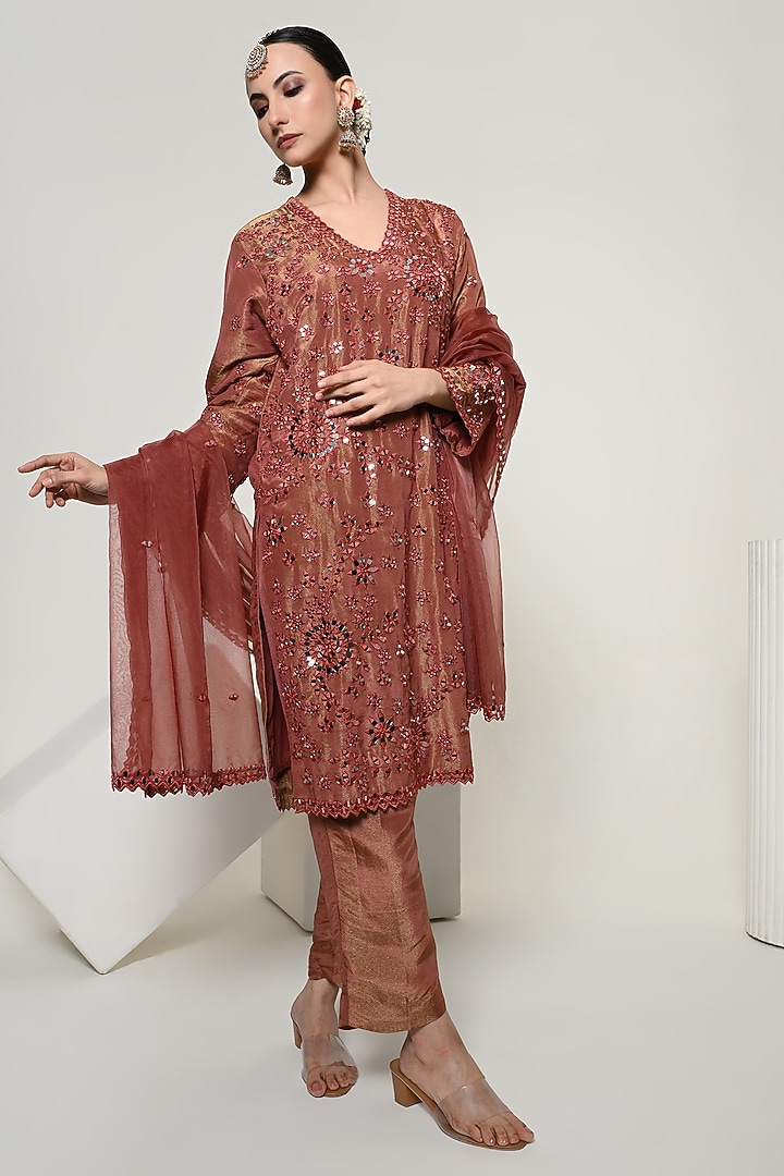 Almond-Colored Silk Tissue Mirror Handwork Kurta Set by OHH CROW INDIA at Pernia's Pop Up Shop