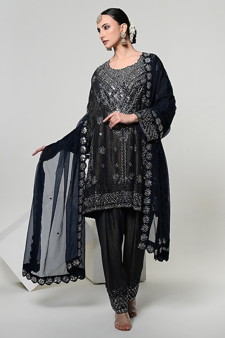Imperial Blue Silk Tissue Mirror Handwork Kurta Set by OHH CROW INDIA at Pernia's Pop Up Shop