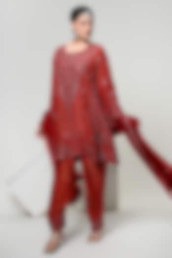 Burnt Sienna Silk Tissue Mirror Handwork Kurta Set by OHH CROW INDIA at Pernia's Pop Up Shop