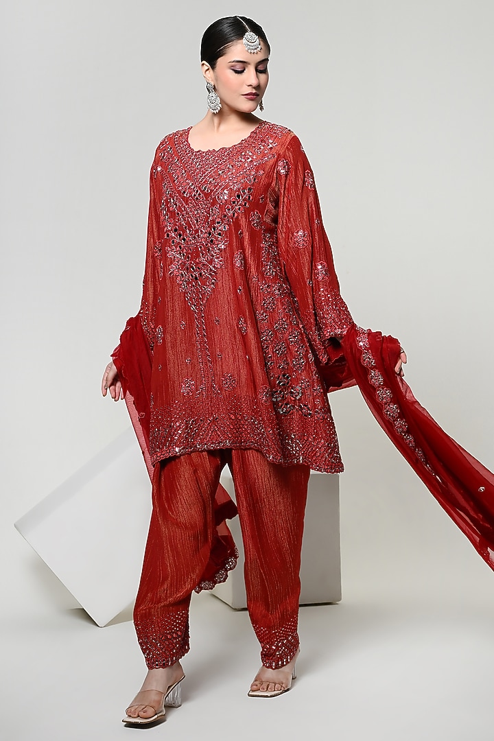 Burnt Sienna Silk Tissue Mirror Handwork Kurta Set by OHH CROW INDIA at Pernia's Pop Up Shop