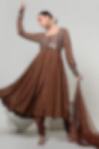 Tan Silk Tissue Handwork Wedding Anarkali Set by OHH CROW INDIA at Pernia's Pop Up Shop