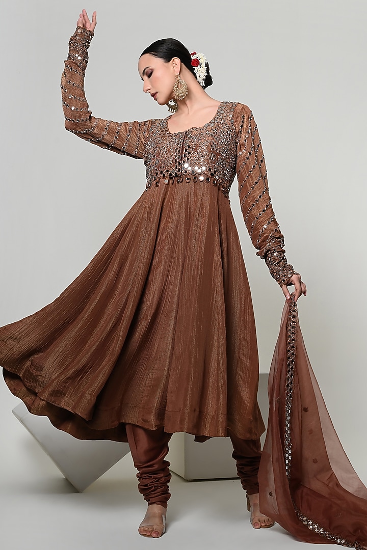 Tan Silk Tissue Handwork Wedding Anarkali Set by OHH CROW INDIA at Pernia's Pop Up Shop
