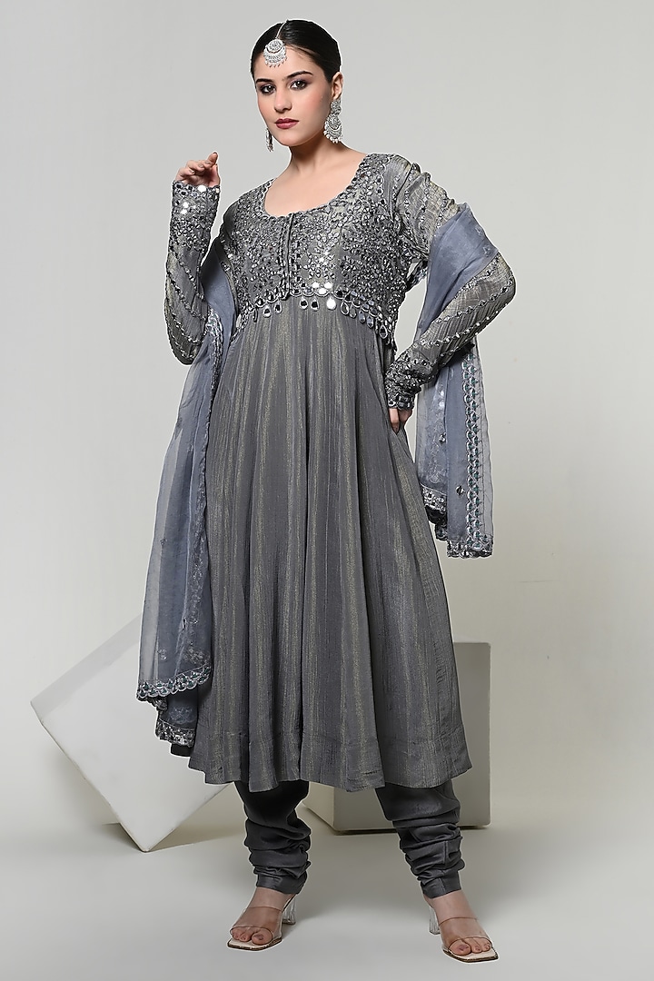 Slate Grey Silk Tissue Handwork Wedding Anarkali Set by OHH CROW INDIA at Pernia's Pop Up Shop