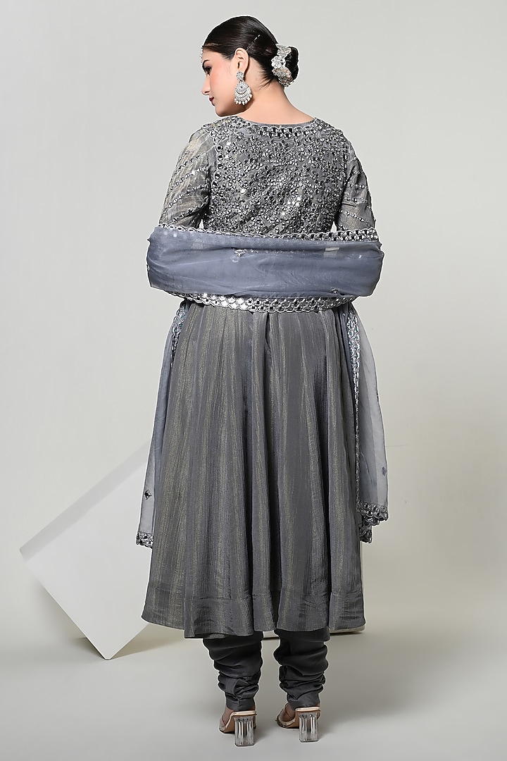 Slate Grey Silk Tissue Handwork Wedding Anarkali Set by OHH CROW INDIA at Pernia's Pop Up Shop
