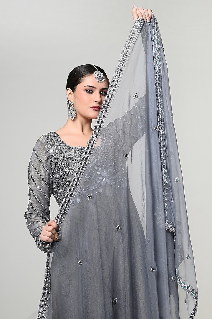 Slate Grey Silk Tissue Handwork Wedding Anarkali Set by OHH CROW INDIA at Pernia's Pop Up Shop