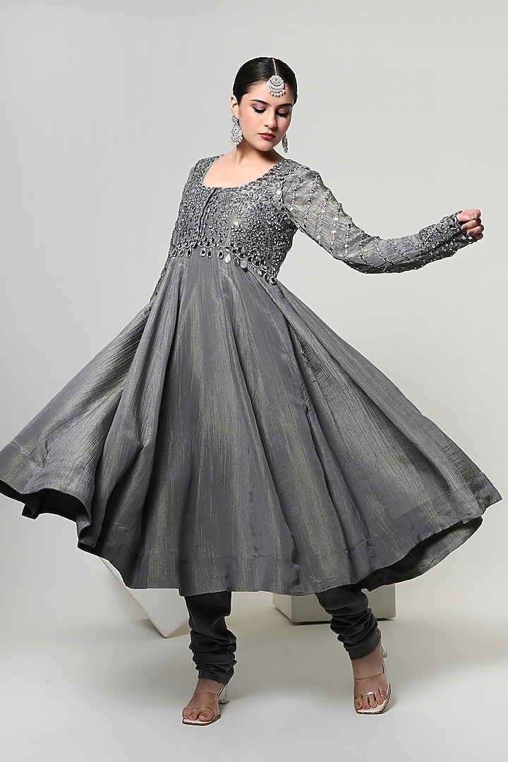 Slate Grey Silk Tissue Handwork Wedding Anarkali Set by OHH CROW INDIA at Pernia's Pop Up Shop