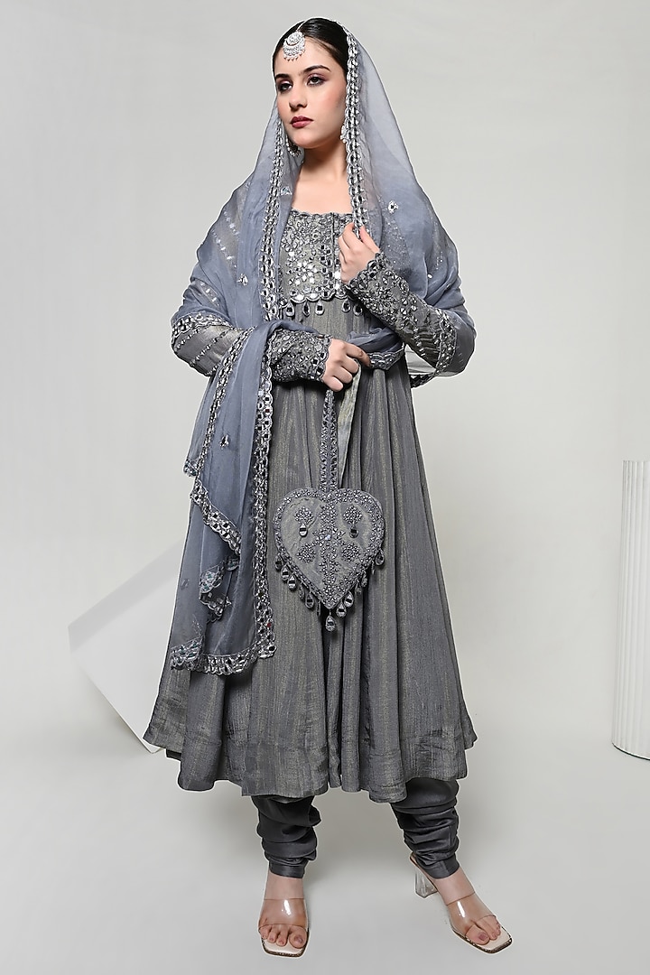Slate Grey Silk Tissue Handwork Wedding Anarkali Set by OHH CROW INDIA at Pernia's Pop Up Shop