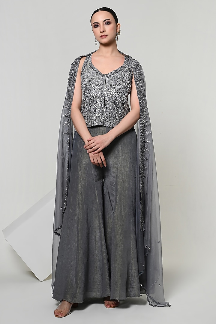 Slate Grey Silk Tissue Wedding Sharara Set by OHH CROW INDIA at Pernia's Pop Up Shop