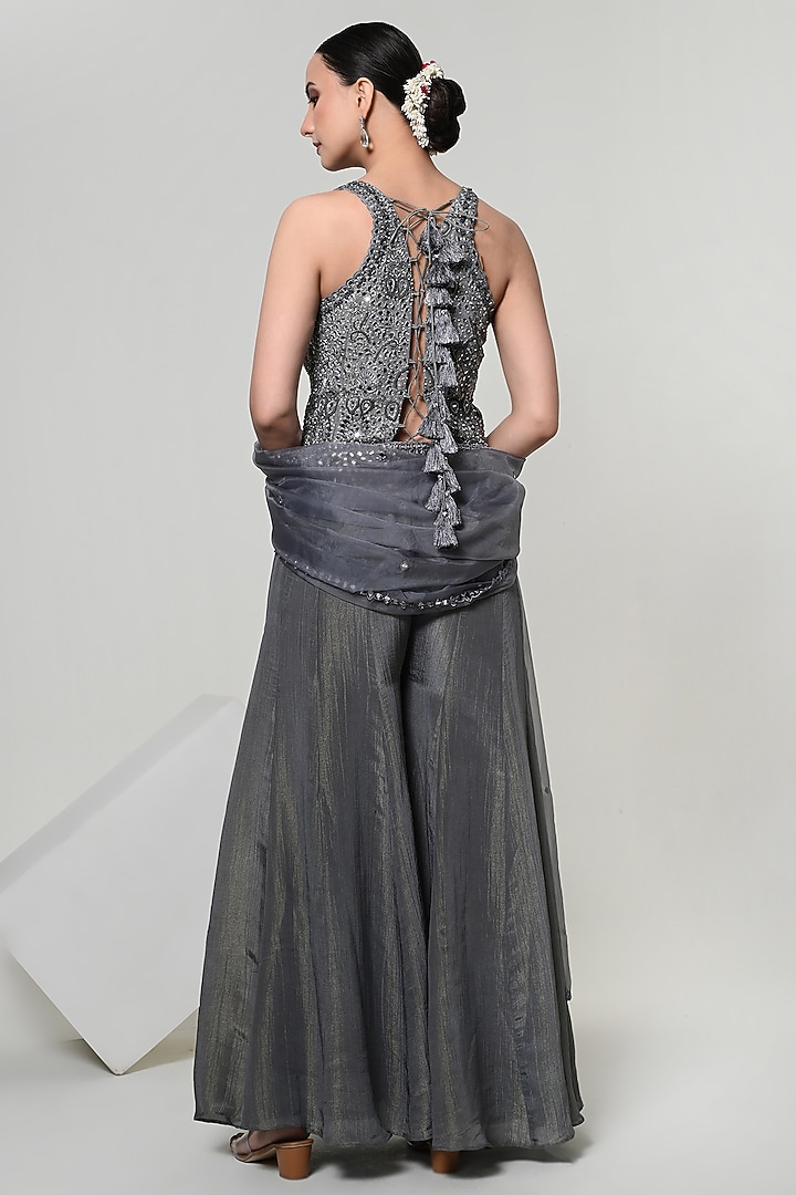 Slate Grey Silk Tissue Wedding Sharara Set by OHH CROW INDIA at Pernia's Pop Up Shop