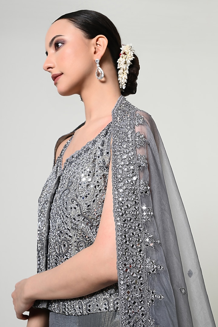 Slate Grey Silk Tissue Wedding Sharara Set by OHH CROW INDIA at Pernia's Pop Up Shop