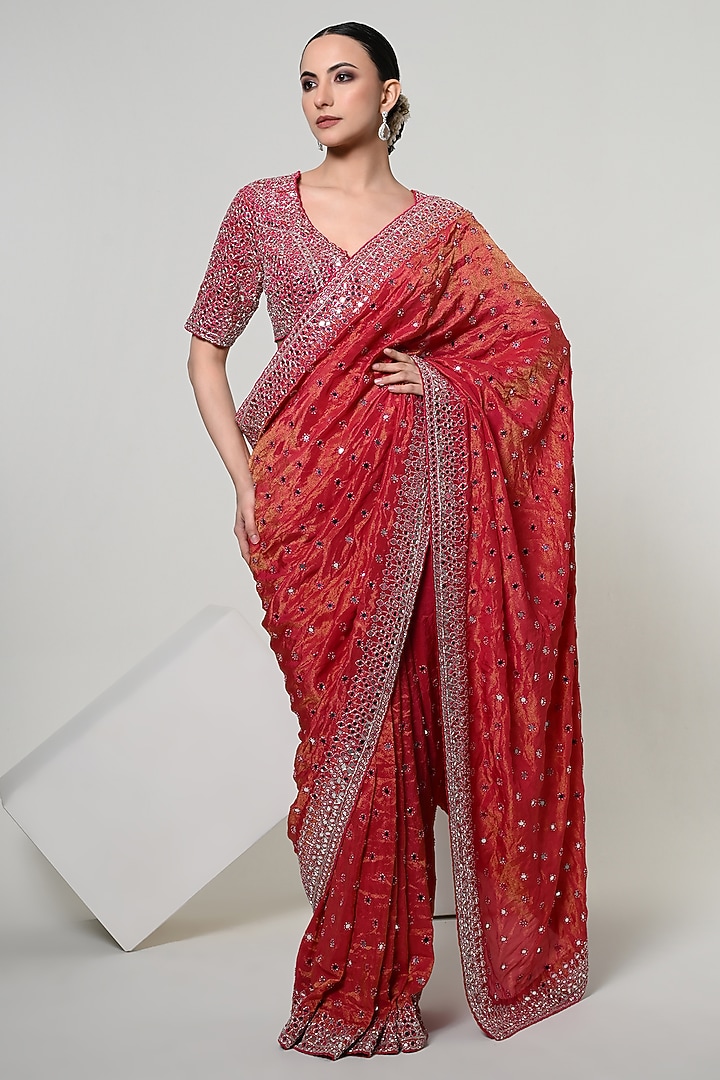 Coral Silk Tissue Mirror Handwork Reception Saree Set by OHH CROW INDIA at Pernia's Pop Up Shop
