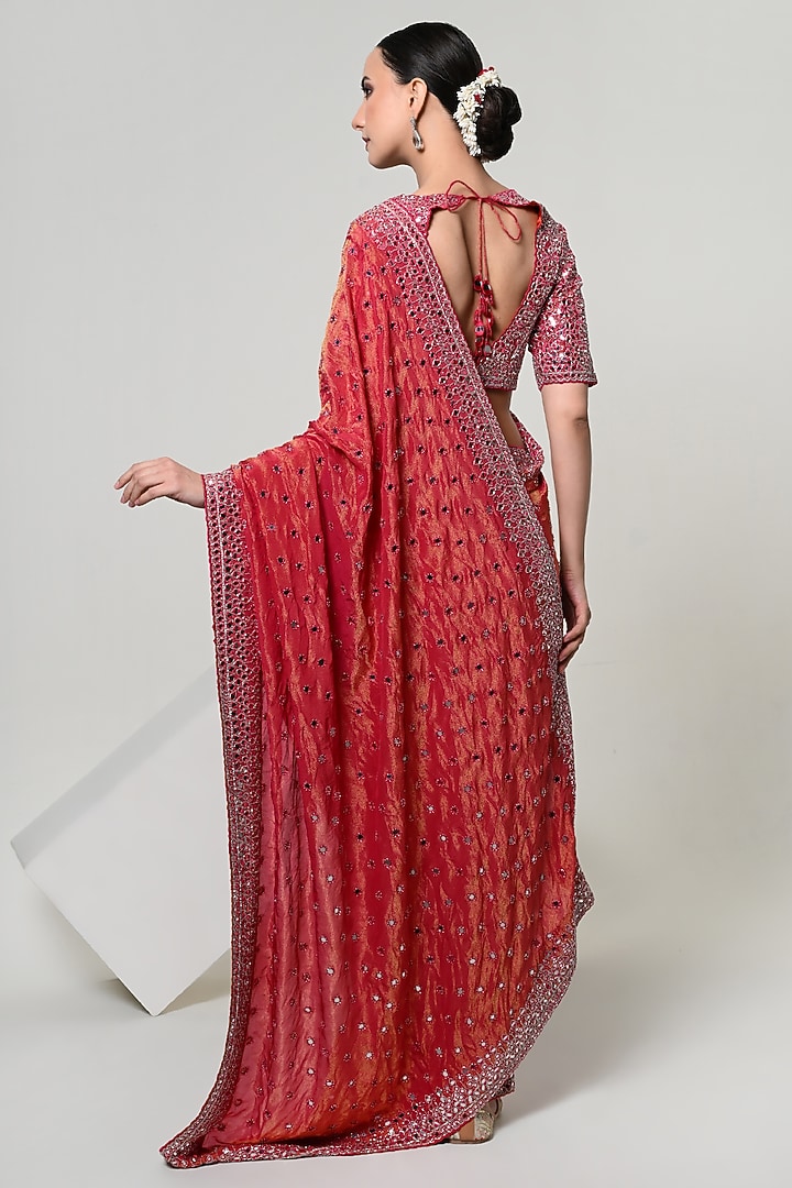 Coral Silk Tissue Mirror Handwork Reception Saree Set by OHH CROW INDIA at Pernia's Pop Up Shop