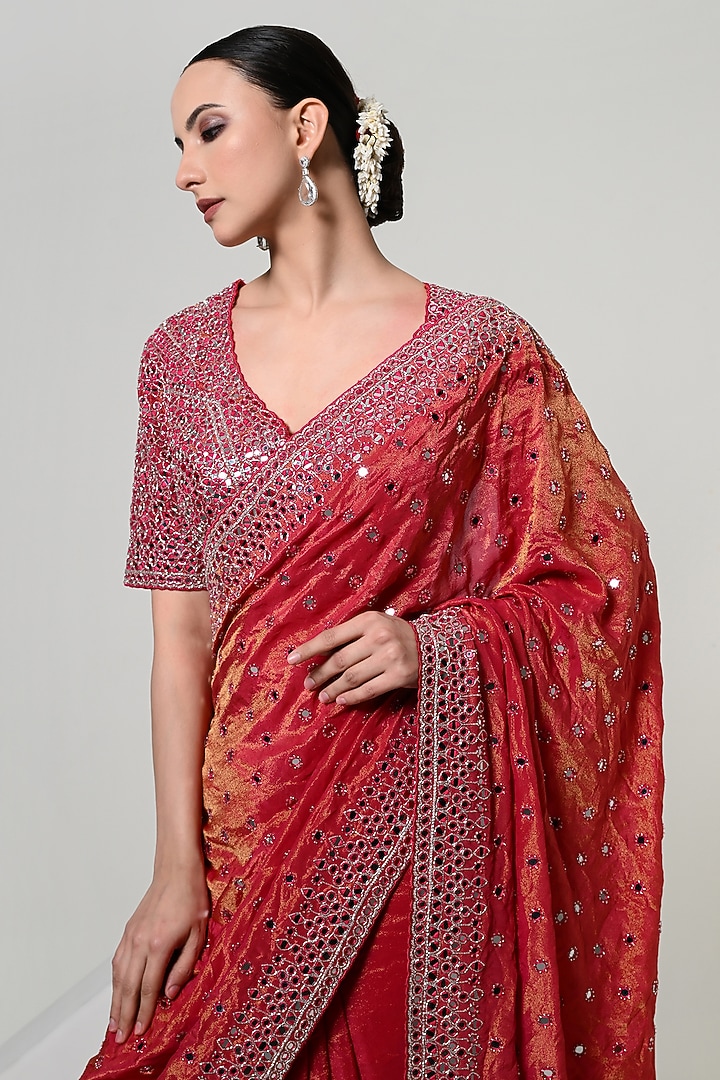 Coral Silk Tissue Mirror Handwork Reception Saree Set by OHH CROW INDIA at Pernia's Pop Up Shop