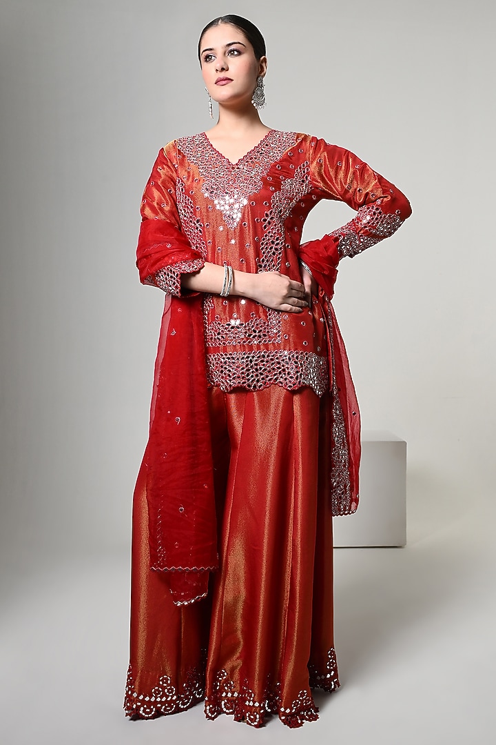 Burnt Sienna Silk Tissue Mirror Handwork Wedding Sharara Set by OHH CROW INDIA at Pernia's Pop Up Shop