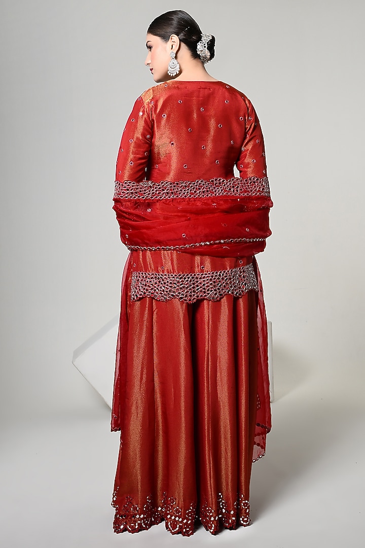 Burnt Sienna Silk Tissue Mirror Handwork Wedding Sharara Set by OHH CROW INDIA at Pernia's Pop Up Shop
