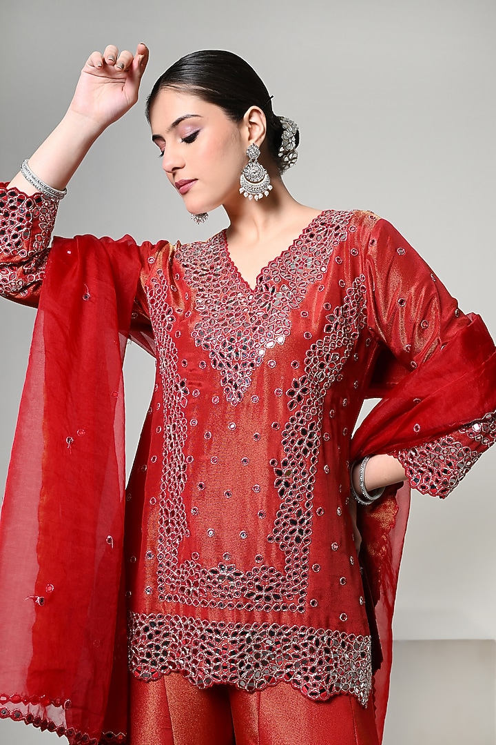 Burnt Sienna Silk Tissue Mirror Handwork Wedding Sharara Set by OHH CROW INDIA at Pernia's Pop Up Shop
