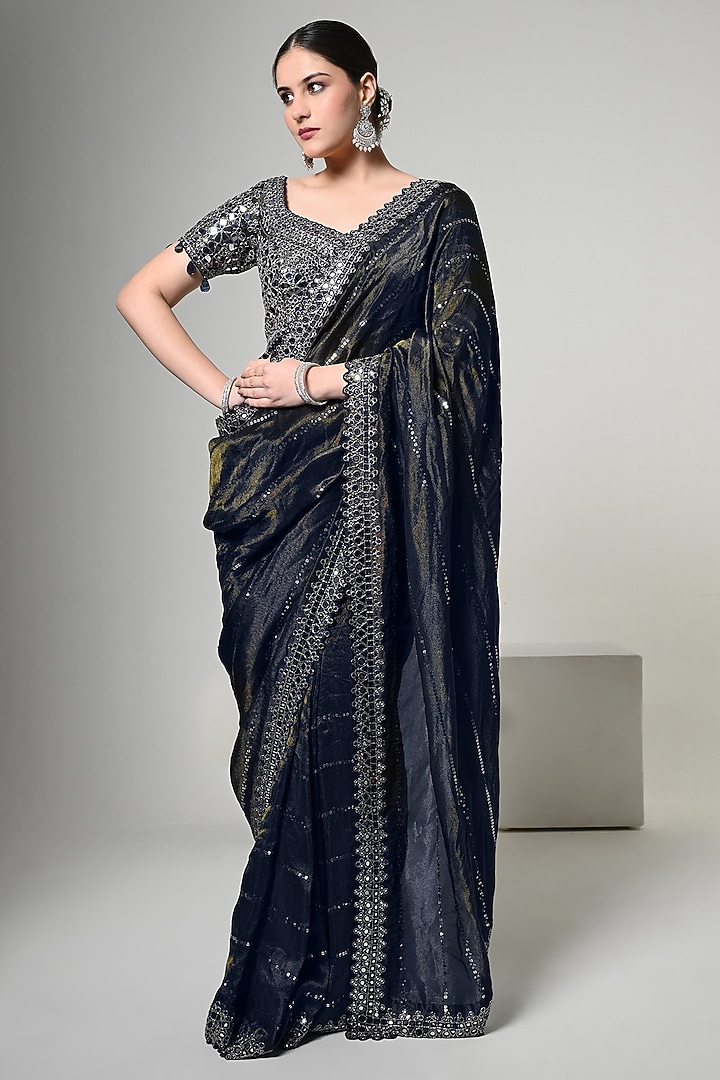Imperial Blue Silk Tissue Mirror Handwork Reception Saree Set by OHH CROW INDIA at Pernia's Pop Up Shop