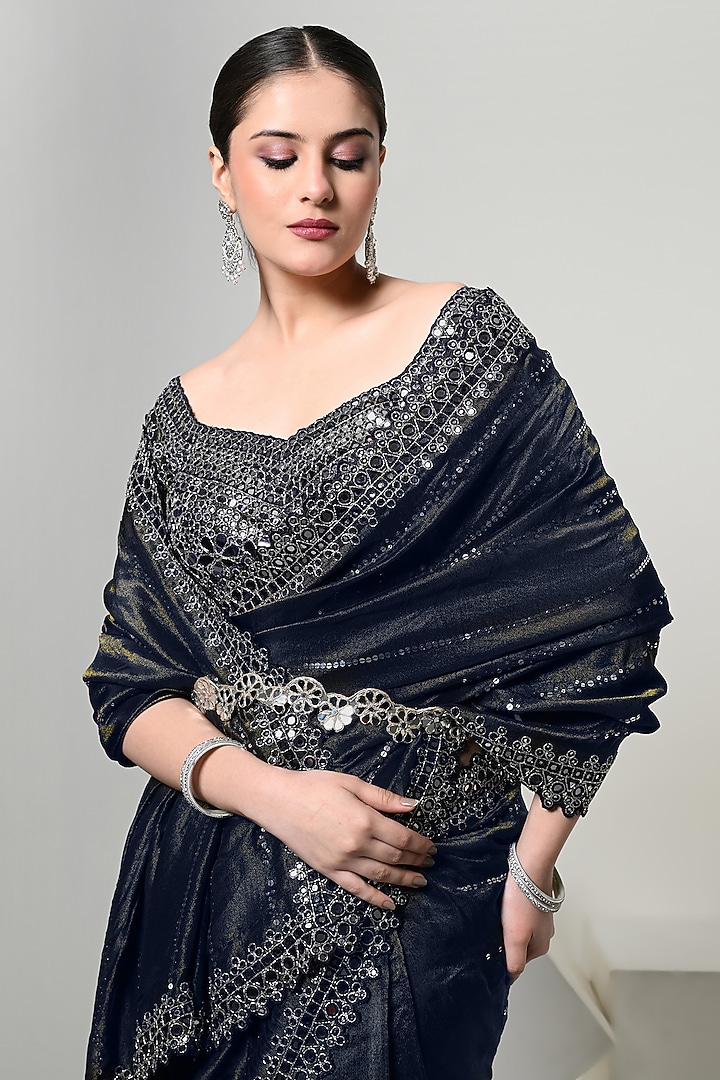 Imperial Blue Silk Tissue Mirror Handwork Reception Saree Set by OHH CROW INDIA at Pernia's Pop Up Shop