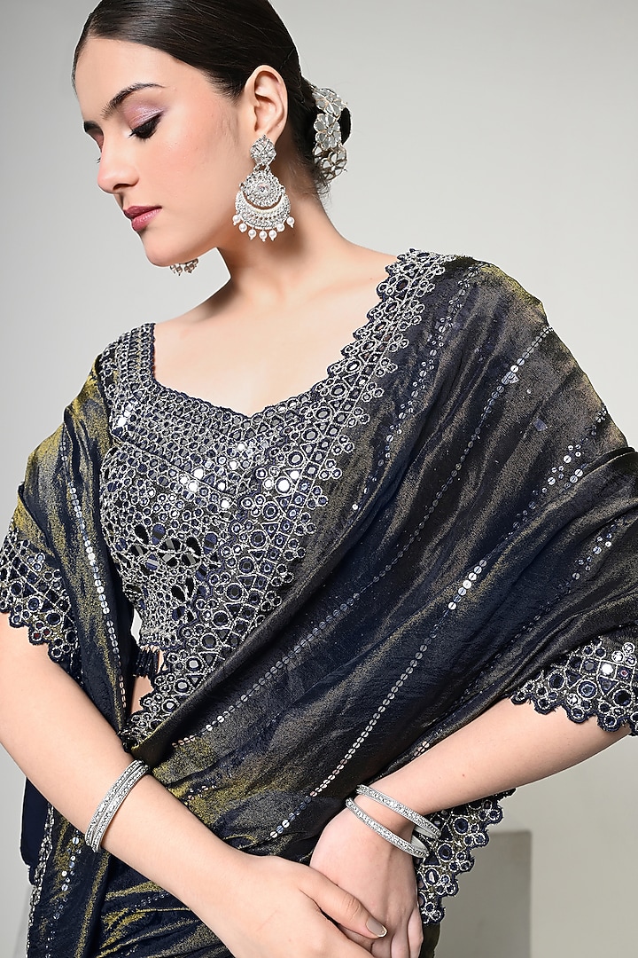 Imperial Blue Silk Tissue Mirror Handwork Reception Saree Set by OHH CROW INDIA at Pernia's Pop Up Shop