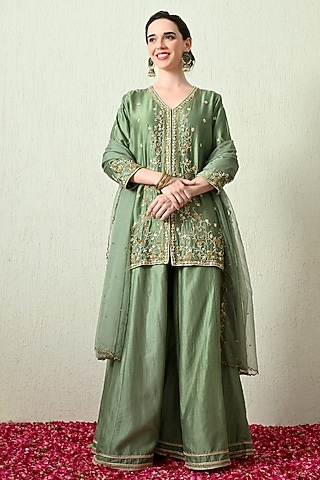 Sage Green Chanderi Silk Sharara Set by OHH CROW INDIA