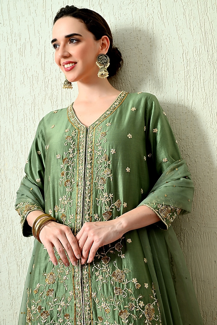Sage Green Chanderi Silk Wedding Sharara Set by OHH CROW INDIA at Pernia's Pop Up Shop